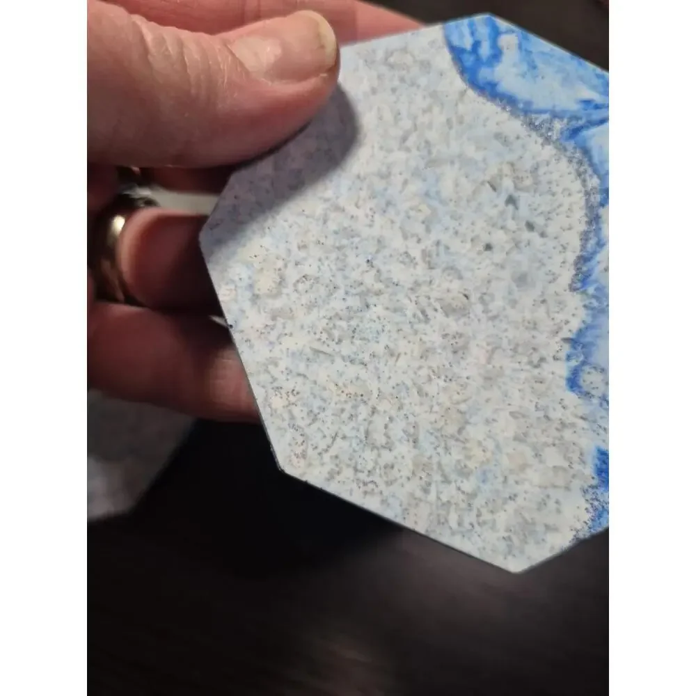 4 White/Blue/Gray Marbled Eco Resin Stone Look Hexagon Coasters 3 5/8” Handmade